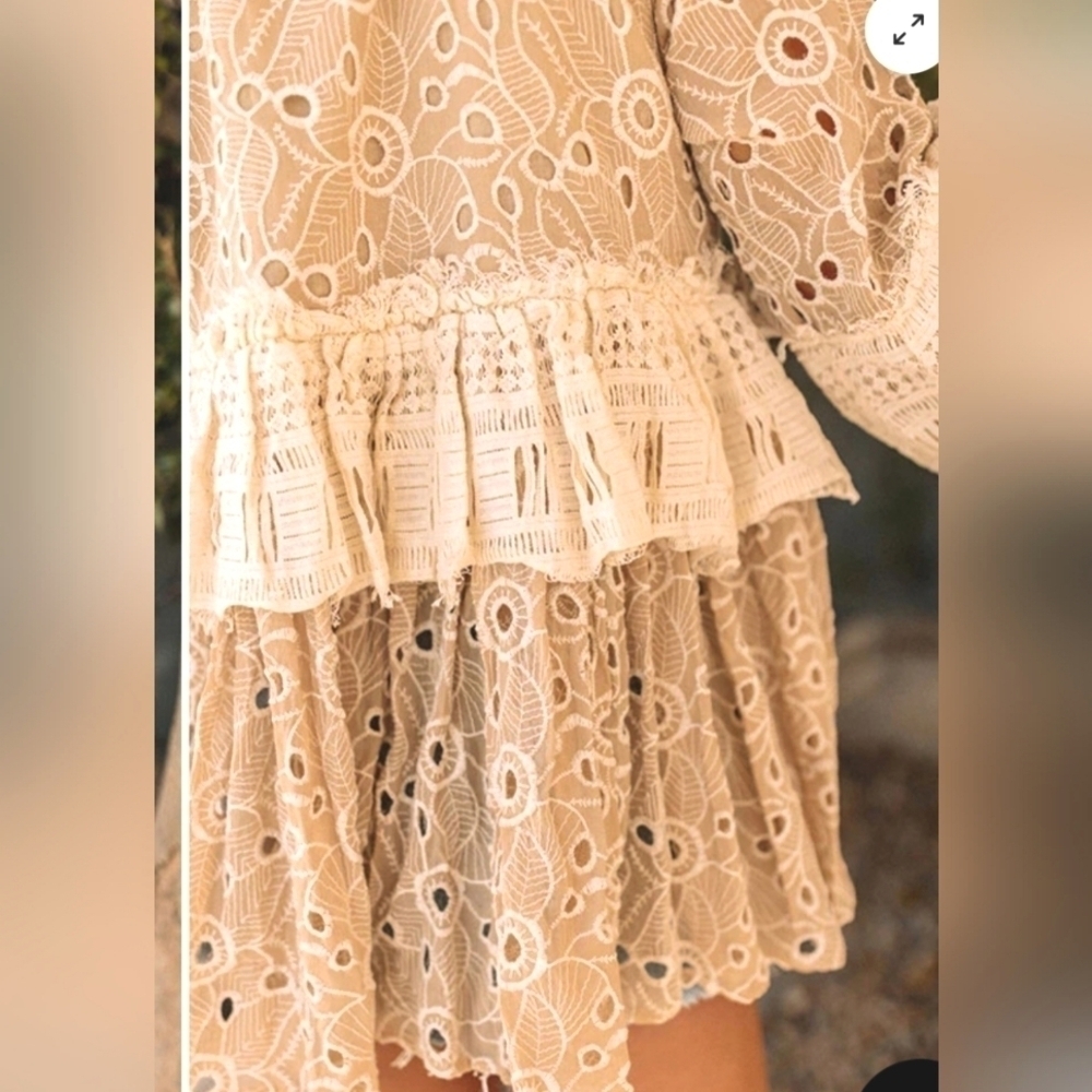 Gipsy Queen Barok Paris Boho Eyelet Lace Embroidered Open Tie-Front Cardigan Tan - Picture 3 of 16